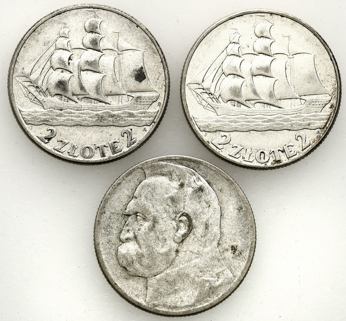 II RP. 2 złote 1934-1936 Piłsudski 1934 + Żaglowiec 1936, zestaw 3 monet